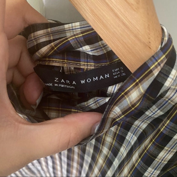 ZARA Navy Check Bow Detail High Low Blouse Top - Picture 5 of 7